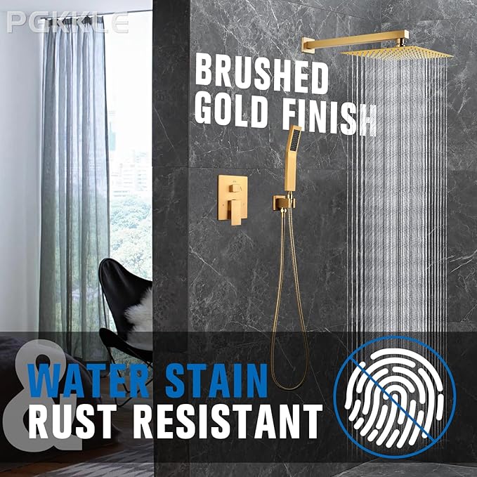 12 Inch Rainfall Shower System - Wall Mounted Complete Combo with Solid Brass Pressure Balancing Valve, High Pressure Shower Head, Handle Set & Installation Accessories Brushed Gold