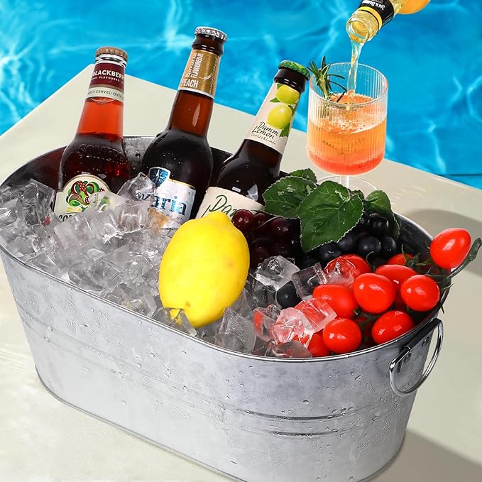 Galvanized Tub Beverage Tubs, 3pcs Metal Ice Buckets for Cocktail Bar 3 Gallon Wine Beer Drink Buckets with Handles Large Tin Tub Cooler Mimosa Bar Supplies Ice Bucket (Galvanized)