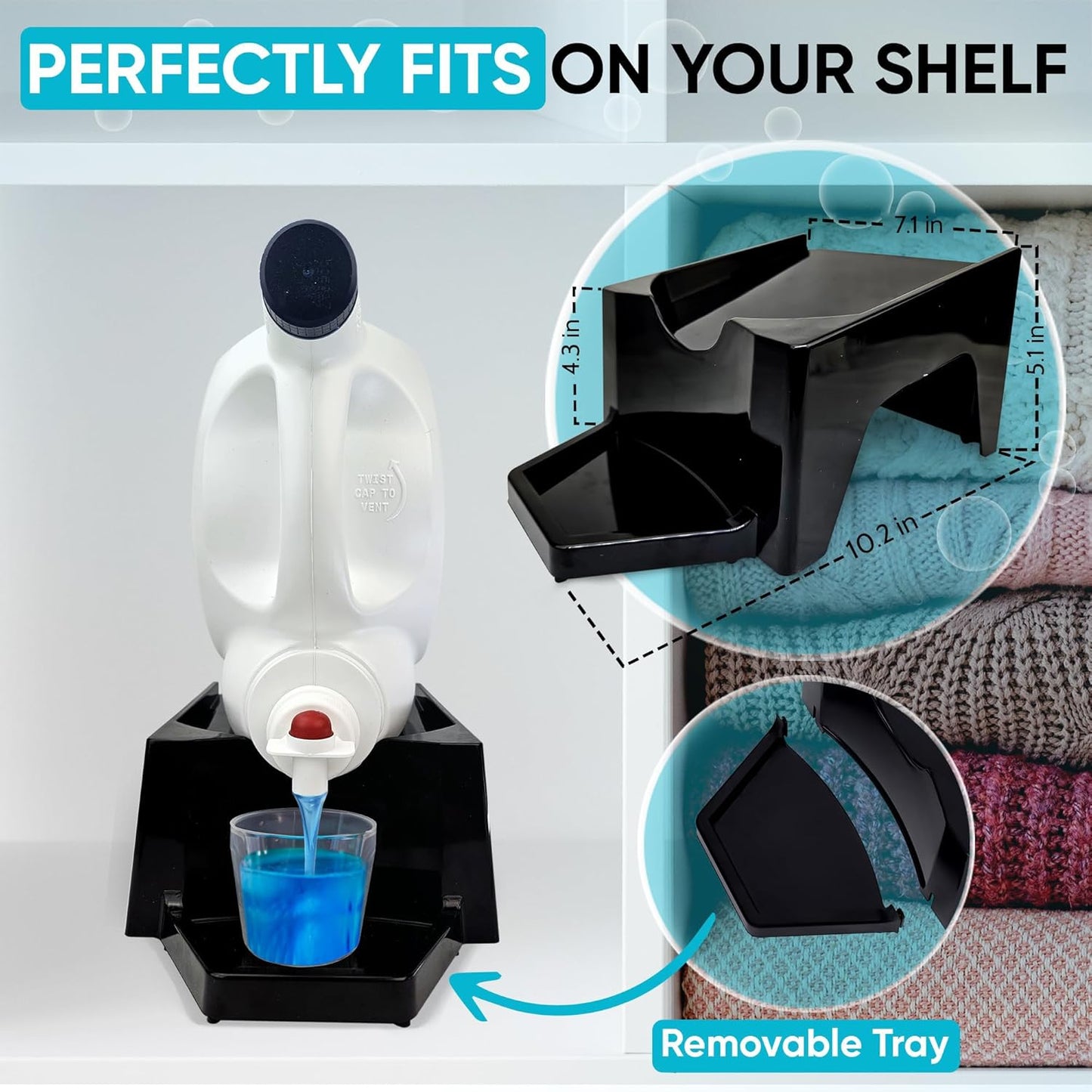 TidyFriend Laundry Detergent Dispenser with Tray & Strap, Laundry Soap Dispenser with Non-Slip Rubber Feet for Washing Room Organization, Easy Pour (Black)