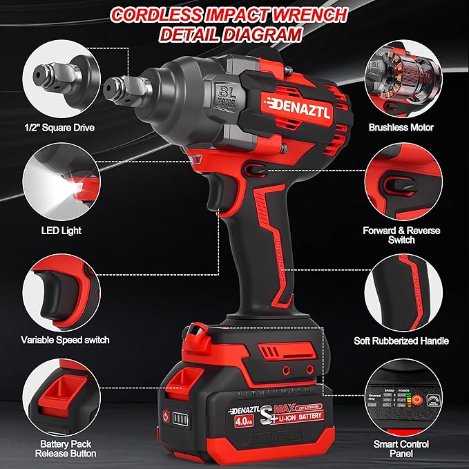 900ft-lbs Impact Wrench 1/2 Cordless Impact Gun, 21V High Torque Impact Driver, Auto-stop, LED Light, 6 Sockets, 2x 4.0Ah Battery& Fast Charger, Electric Impact Wrench for Car/Truck/Mower