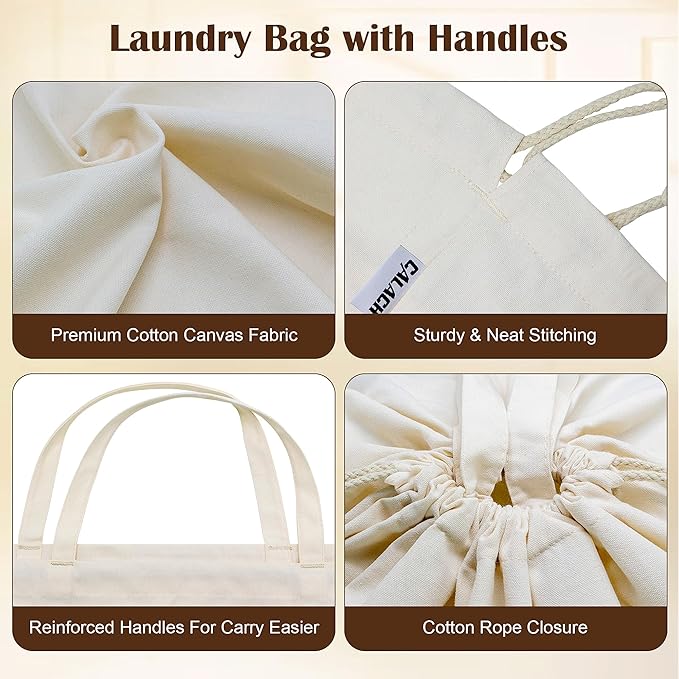 Canvas Laundry Bags with Handles & Square Base13.8"x 13.8", Large Heavy Duty Laundry Basket Hamper Liner, College Dorm Washable Drawstring Cotton Dirty Clothes Bag (Beige,2 Pack)