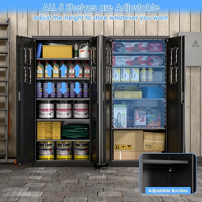 71" H Metal Garage Cabinet with Pegboards and Hooks,Tool Storage Cabinet with 2 Doors and 5 Adjustable Shelves for Office, Home, Garage, Gym, School, Assembly Required,Black