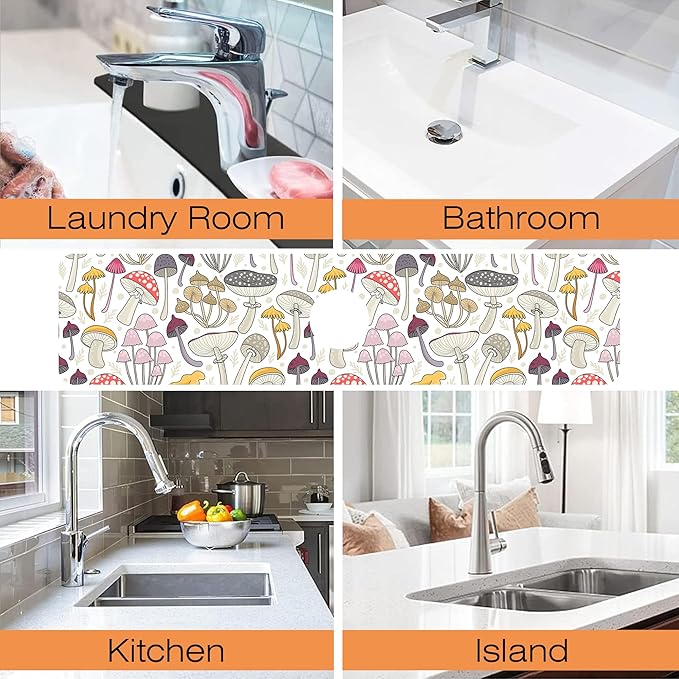 Kitchen Sink Splash Guard Faucet Mat Colorful Mushrooms Sink Splash Guard Behind Faucet,1 PC Soft Diatom Mud Non-Slip Mat-for Kitchen,Sink Mat,Dish Drying Mat,Bathroom Faucet Mat 23.5"X5.5"