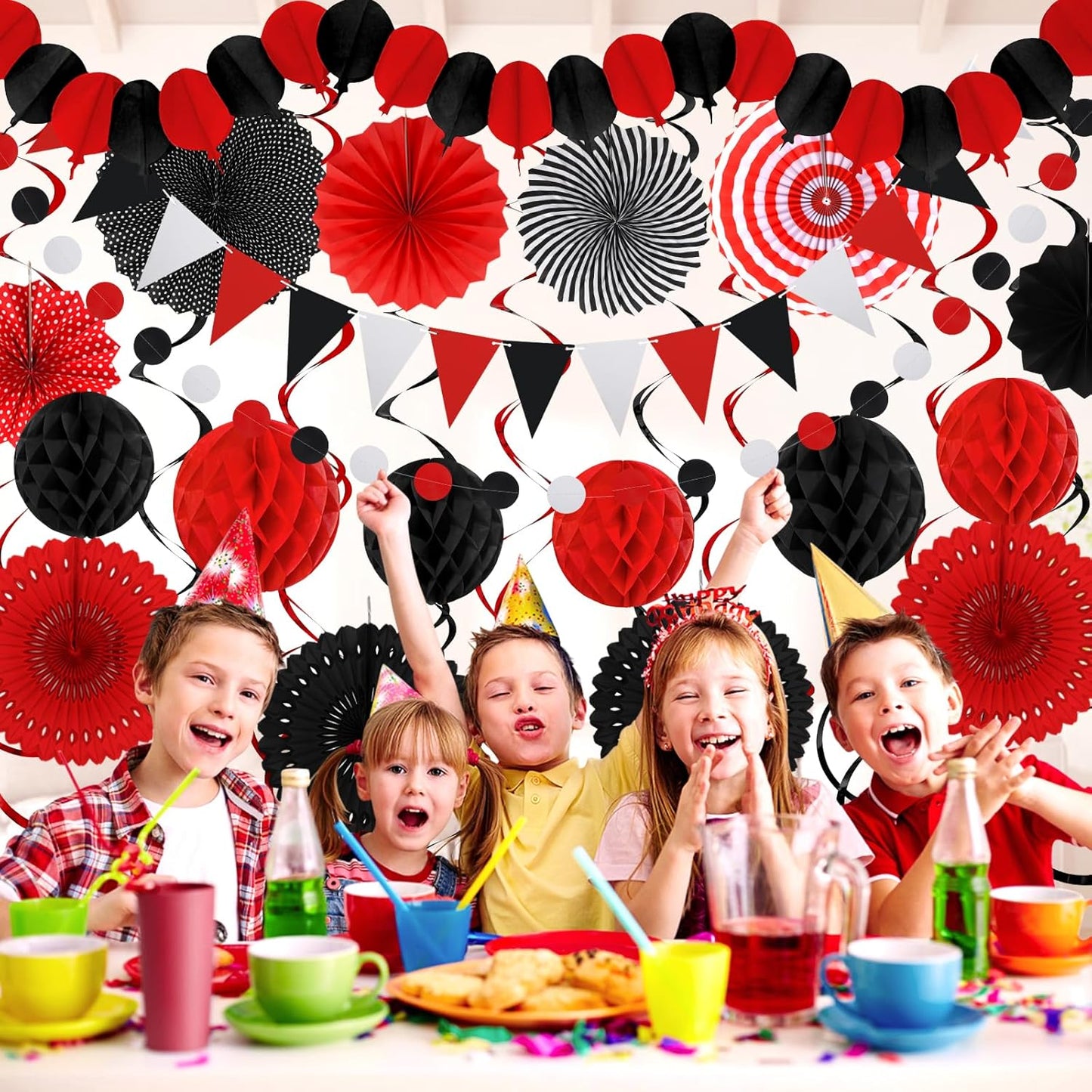 Black Red Party Decorations, Easy Assembly Paper Fan Honeycomb Ball Garland Hanging Swirl Graduation Party Supplies for Boy Girl Women Birthday Congrats Grad Party Decorations