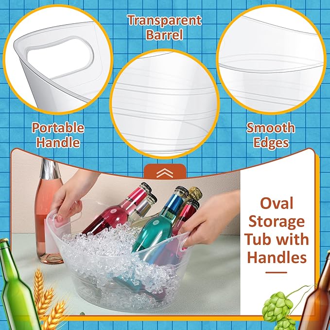 Norme 24 Pcs Oval Storage Tub with Handles, 4.5L Plastic Ice Bucket Wine Beer Champagne Bottle Drink Cooler Tub for Parties Beverage, Storage Basket (Clear)