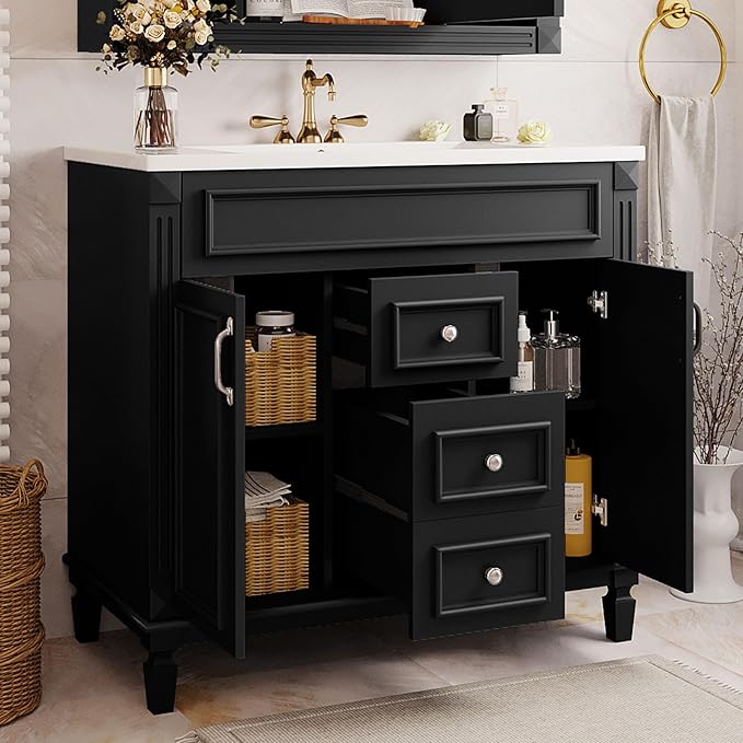 Merax 36" Bathroom Vanity with Sink, Freestanding Single Bathroom Sink Vanity Cabinet Set with 36" Countertop, 2 Doors & 2 Drawers (Sink Cabinet Only, Black)
