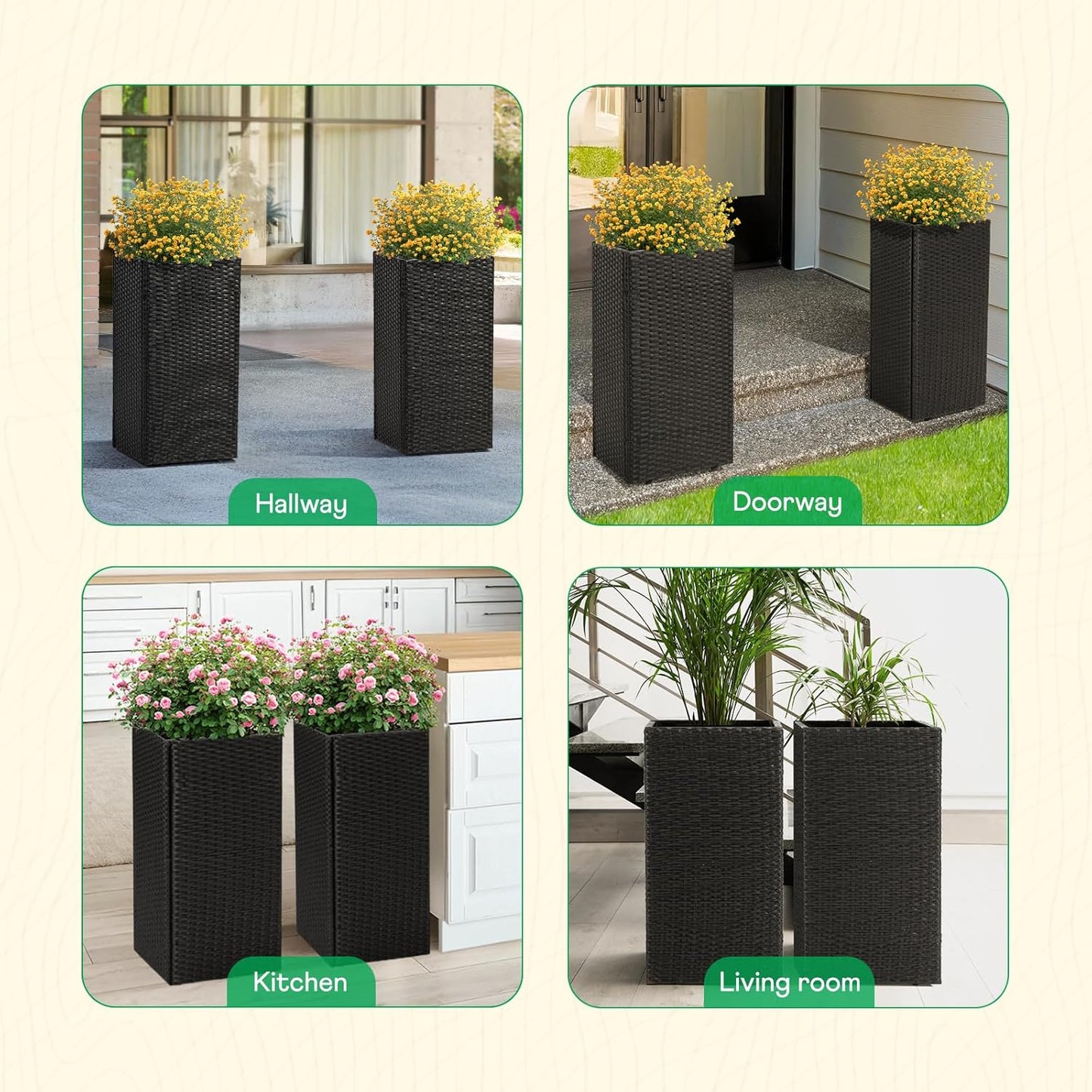 IDZO All-Weather Wicker Planters, Set of 2, 24 in Tall Wicker Planters, Self-Watering with Drainage, Durable PP Material, Raised Garden Bed Alternative, Indoor Outdoor Use, Modern Rattan Design