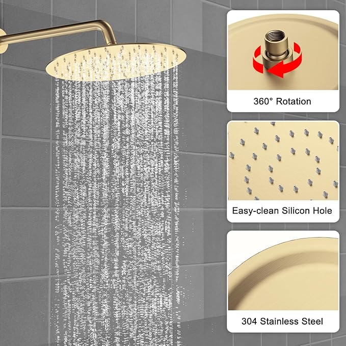 Shower Faucet Set Brass 10IN Rough-In Valve Body Trim Kit Rainfall Included Handle Accessories Complete 2 Functions with Rain Head and Handheld Bathroom Systems (10'', Brushed Gold)