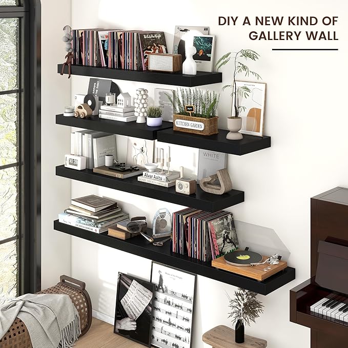 Floating Shelves - 2 Large Wall Mounted Shelves with Invisible Brackets, Long Wood Floating Wall Shelf for Living Room, Bedroom, Kitchen (Black, 24" W x 9" D x 1.5" H)