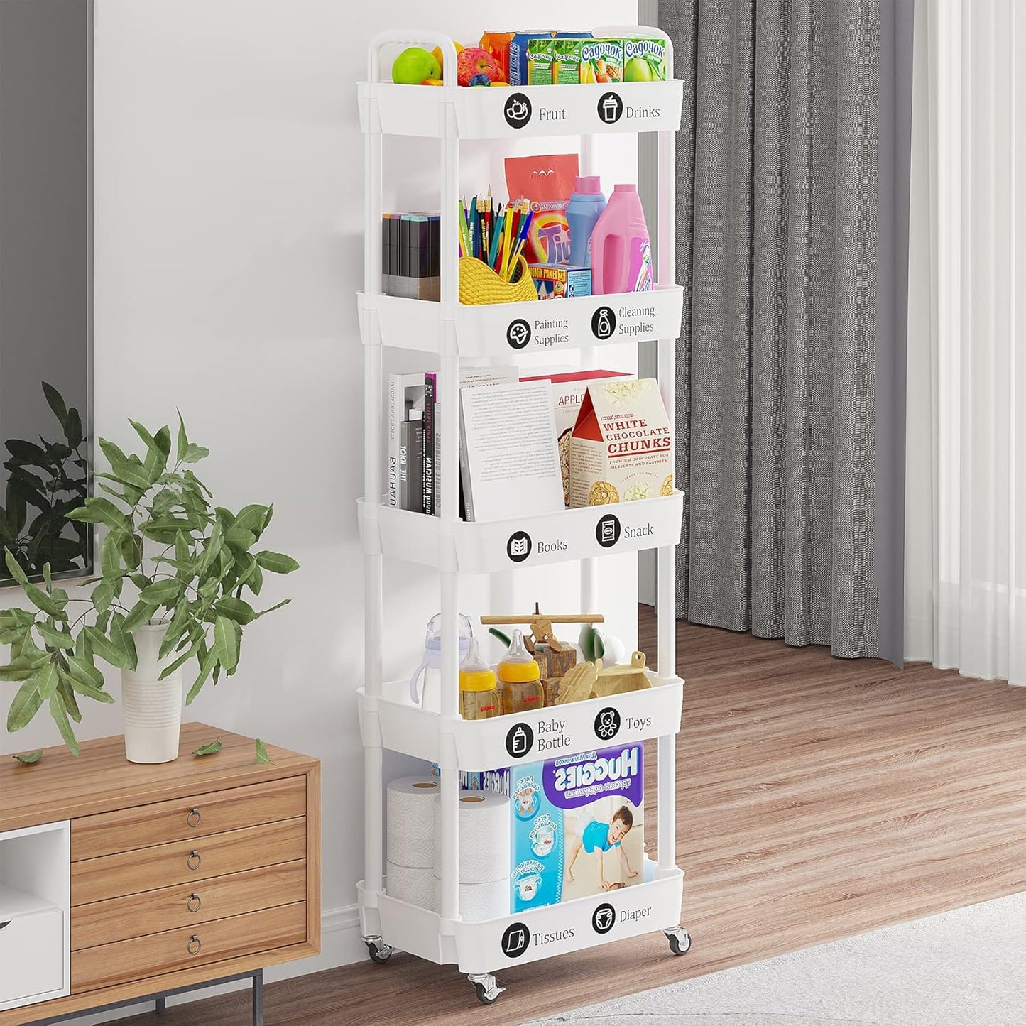 Laiensia 5-Tier Rolling Cart with Wheels,Multifunction Utility Storage carts, Kitchen Storage Organizer,Mobile Shelving Unit for Bathroom,Laundry,with Classified Stickers,White