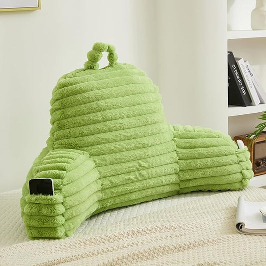 Faux Fur Fluffy Light Green Reading Pillow with Pockets, Luxury Striped Plush Decorative, Arm Rests and Back Surport for Bed Rest, Lounging on Sofa, Standard