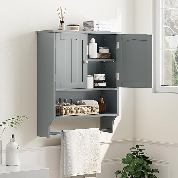 Smuxee Grey Bathroom Cabinet Wall Mounted with Towels Bar, Bathroom Medicine Cabinet with 2 Door Adjustable Shelves, Over Toilet Cabinet for Bathroom Laundry Room Kitchen
