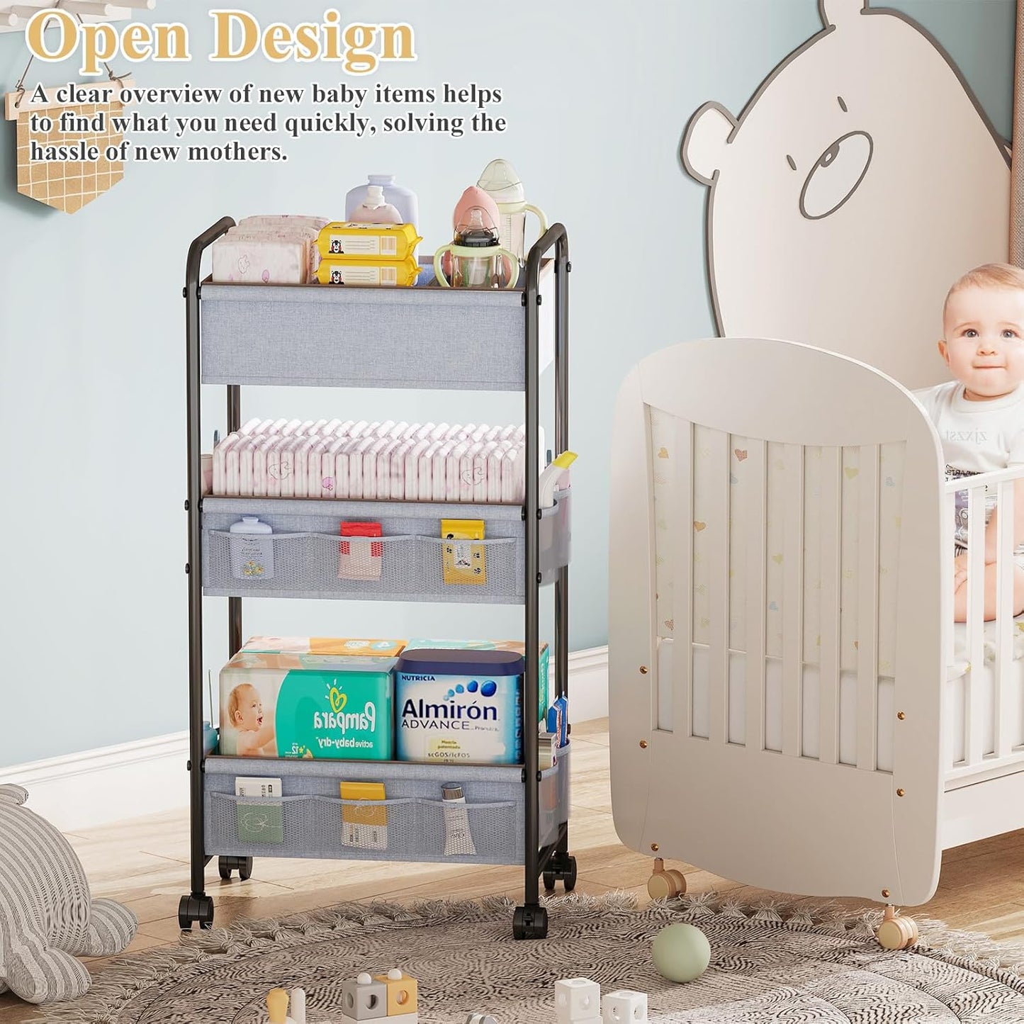 3-Tier Baby Diaper Caddy Cart Organizer with 2 Dividers & 14 Mesh Pockets - Black Mobile Nursery Storage Cart with Wheels, Durable Metal Utility Cart for Nursery, Bedroom, Baby Essentials Organization