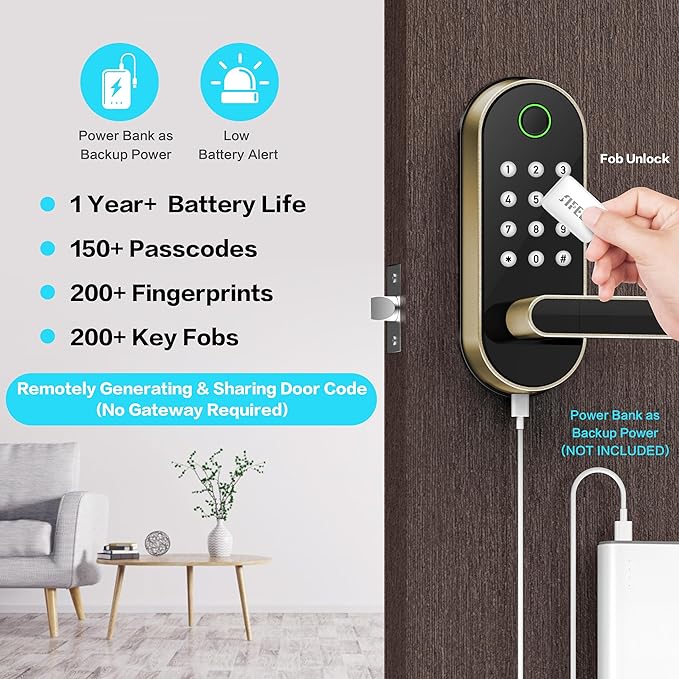 Keyless Entry Fingerprint Smart Lock with Handle & Keypad: Sifely Biometric Digital Electronic Lock with Code, Electric Deadbolt Door Knob for Front, Interior, Exterior & Bedroom Doors (Gold)