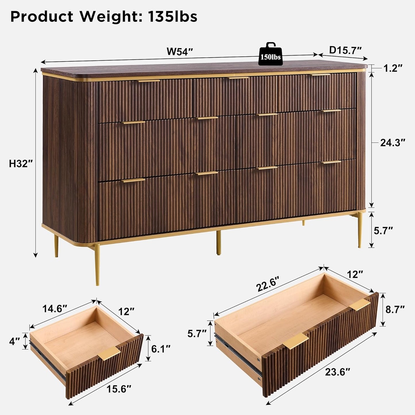 T4TREAM Fluted 7 Drawers Dresser for Bedroom, 54" Wide Modern Dresser TV Stand, Gold Accents, Fluted Fronts, Wood Storage Dressers Organizer for Bedroom, Living Room, Dark Walnut