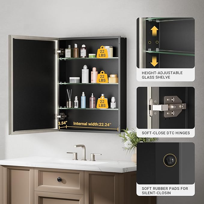 24''x 30'' Brushed Nickel Medicine Cabinet, Recessed or Surface Framed Medicine Cabinet with Beveled Mirror Pre-Assembled, Reversible Bathroom Storage Vanity Cabinet with Adjustable Shelves