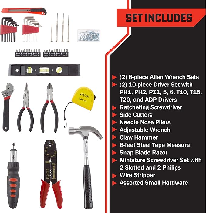 130-Piece Tool Set - Tool Kit with Hammer, Wrenches, Screwdriver, Pliers, and More - Hand Tools for Home Improvement Projects by Stalwart (Gray)