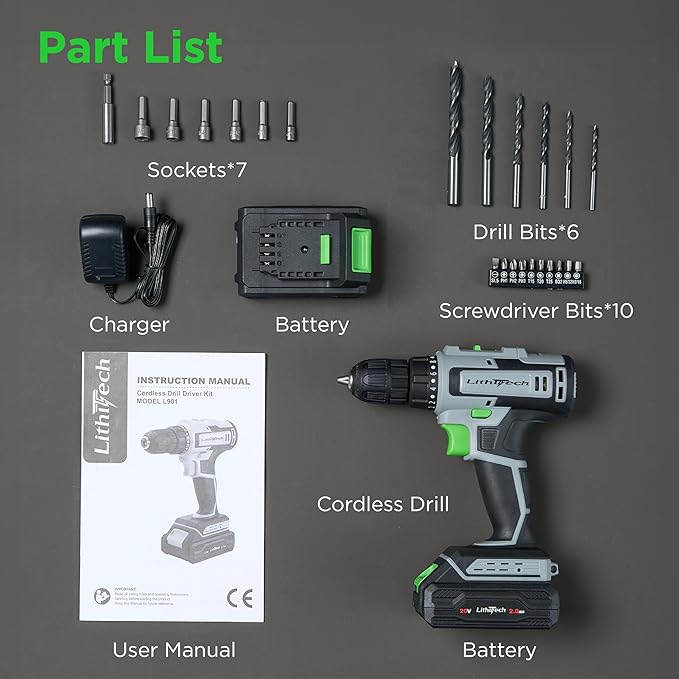 Cordless Drill Set, 20V Power Drill with Battery 2.0Ah and Charger, 3/8-Inch Keyless Chuck Electric drill, 18+1 Position, 2 Variable Speed, 380 In-lb Torque (Gray)