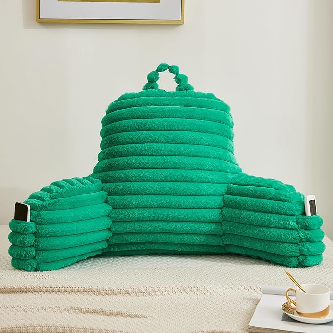 Faux Fur Fluffy Emerald Reading Pillow with Pockets, Luxury Striped Plush Decorative, Arm Rests and Back Surport for Bed Rest, Lounging on sofa, Large