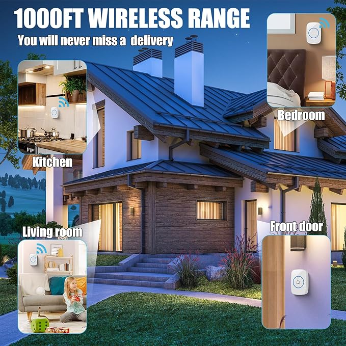 8 Pcs Waterproof Doorbell Kit 4 Pcs Home Doorbell with 4 Pcs Receivers 1000 FT Range 5 Volume Levels with 60 Doorbell Chimes and LED Flash (White)