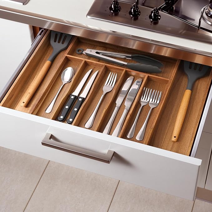 Large Premium Acacia Silverware Organizer - Expandable Drawer Organizer & Utensil Organizer - 17"x19.7" Cutlery Tray with Dividers for Kitchen Utensils and Flatware (7-9 Slots) Acacia