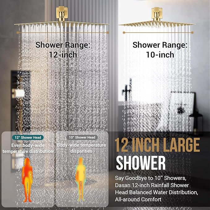 Full Body Rain Shower System with 4 Body Shower Jets & 12’’ Wall Mount Rainfall Shower Head & Handheld, DASAN Multi Shower Head System Brushed Gold Rain Shower Faucets sets Combo with Rough-in Valve