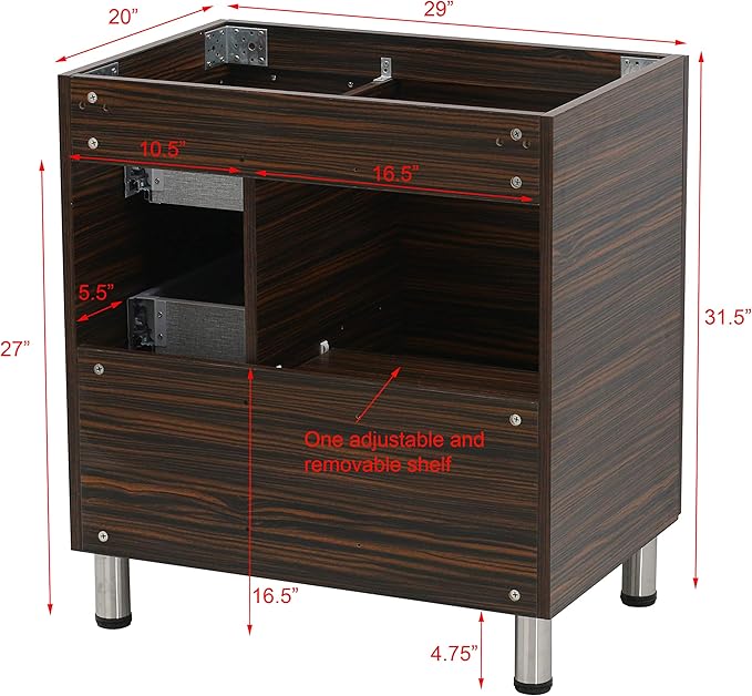 30" Freestanding Bathroom Vanity, Ebony. White Integrated Countertop