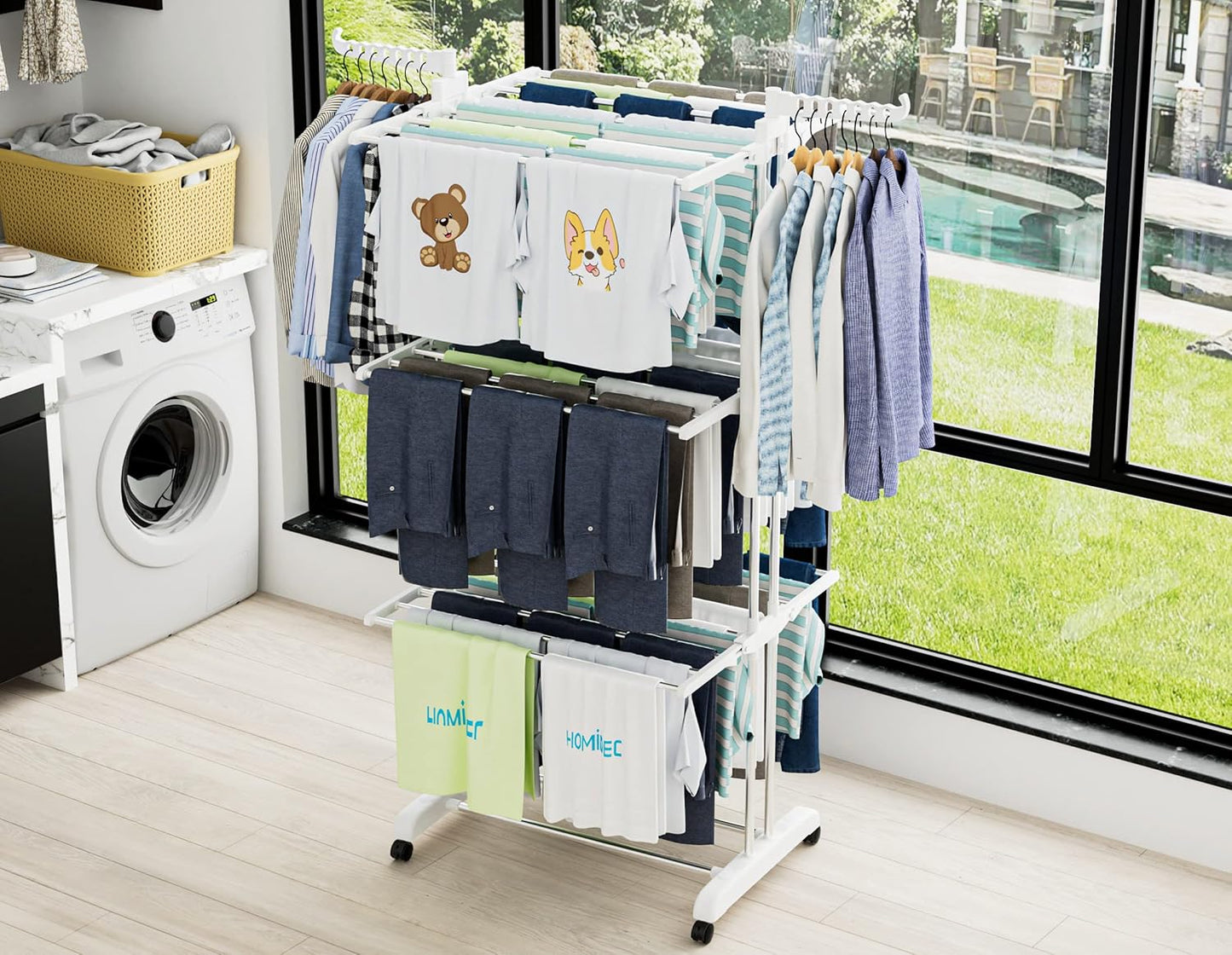 HOMIDEC Clothes Drying Rack, Large 4-Tier Foldable Drying Rack Clothing(67.7H x 19.7W x 30L Inches), Movable Drying Rack with 4 castors. Multifunctional Stainless Steel Laundry Drying Rack, White