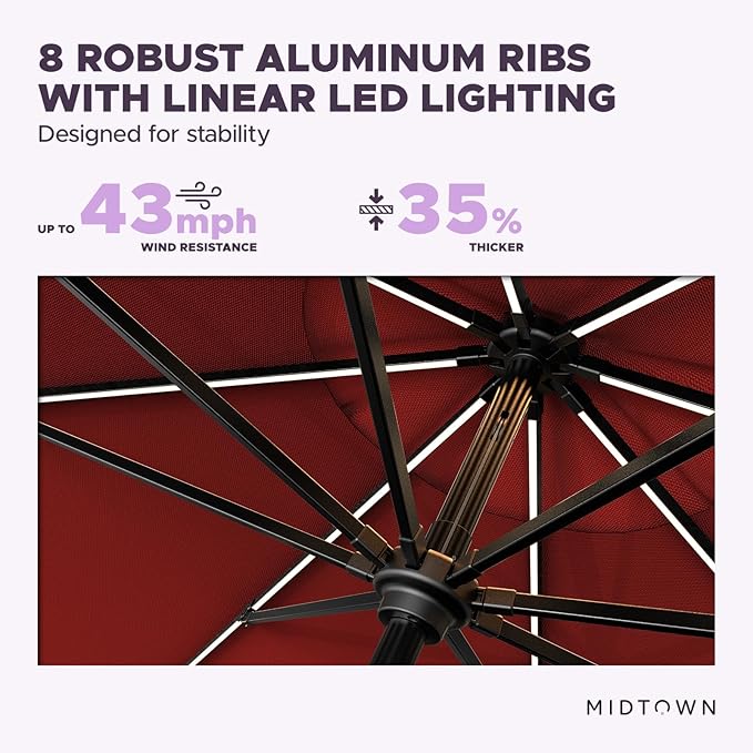 Midtown Umbrellas The LED Swilt 10 Feet Patio Umbrella With Sunbrella Red Acrylic Fabric - Auto-Tilt Aluminum Frame With LED Lights For Backyard, Deck, Garden, Pool - Black Pole