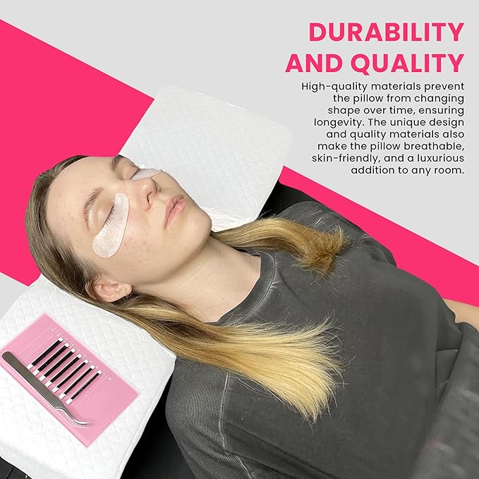 Pillow for Eyelash Extensions - Curved Memory Foam Lash Bed Pillow with Neck and Back Support, Perfect Pillow for Eyelash Extensions, Two Pockets for Tools On The Sides of Pillow (White)