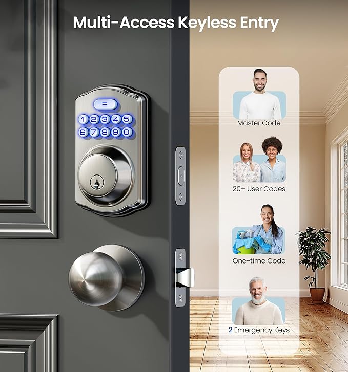 Veise Keyless Entry Door Lock with 2 Knobs, Electronic Backlit Keypad Deadbolt with Handle Set, Auto Lock, One-time Codes, Smart Deadbolt for Front Door, Easy Installation, Satin Nickel