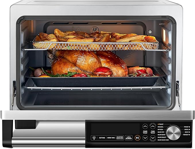 COSORI Ceramic Air Fryer Toaster Oven Combo, 11-in-1 Flat-Sealed Heating Elements for Easy Cleanup, Innovative Burner Function, 6 Accessories & Recipes, 26QT, Silver, Stainless Steel