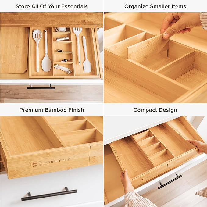 KitchenEdge Adjustable Kitchen Drawer Organizer for Utensils and Junk, Food-Safe Contract Grade with 100% Sustainable Wood, Expandable from 19 to 33 Inches Wide - Natural Bamboo