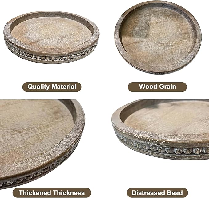 Round Wood Decorative Tray - Brown Washed Bead Tray for Coffee Table Wood Serving Tray Wooden Trays Decor Kitchen Counter Circle Tray Vintage Centerpiece for Living Room Candle Holder (15.75 inch)