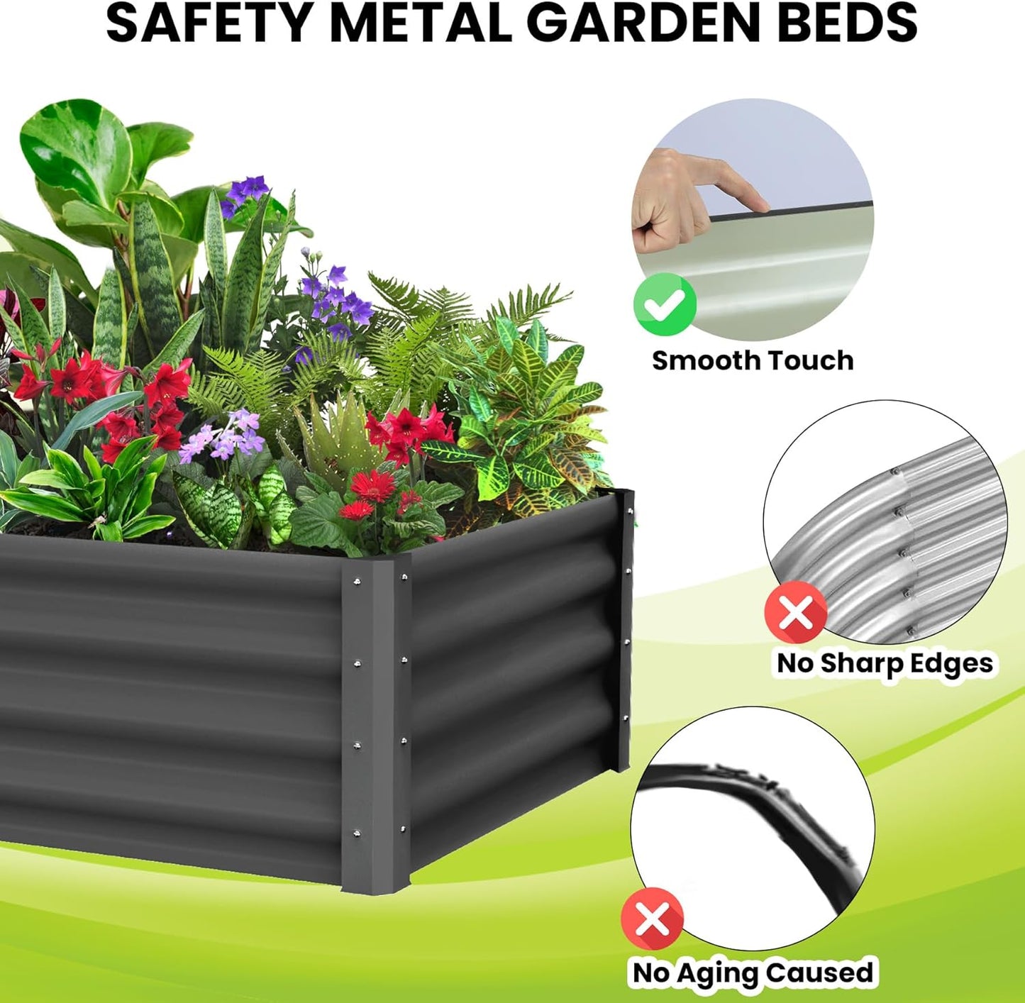 Galvanized Raised Garden Bed Outdoor, 2 Pcs 6x3x1FT Outdoor Large Planter Raised Beds Open Base with Safety Edge and Glove for Vegetables Flowers Ground Planter, Dark Gray