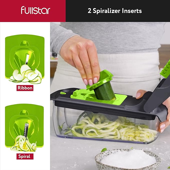 Fullstar Vegetable Chopper - Food Chopper - Onion Chopper - Vegetable Slicer & Spiralizer - Veggie Chopper with Container - Kitchen Gadgets - Home Essentials - Kitchen Accessories (8 in 1, Gray/Green)