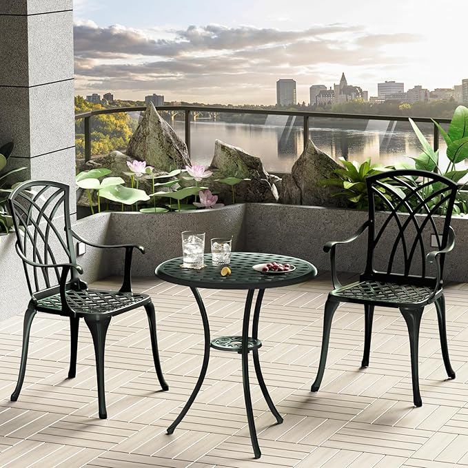Patio Bistro Set 3 Piece, Cast Aluminum Bistro Set for 2 w/Umbrella Hole, Outdoor Table and Chairs Set of 2, Bistro Set for Balcony/Backyard/Garden, Green