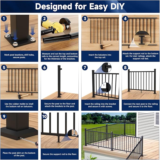 2.56 in. x 2.56 in. x 39 in. Porch and Deck Railing Post with Screws, Aluminum Railing Post, Black Textured Outdoor Powder-Coat Finish Stair Post for Decks, Porches & Balconies (1 Post)