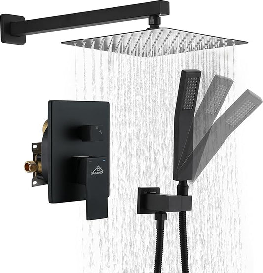 CASAINC Rainfall Shower Head Combo Set 10 Inches Bathroom Luxury Rain Shower Head with Handheld Spray Wall Mounted Shower Faucet Set with Valve and Trim (Matte Black)