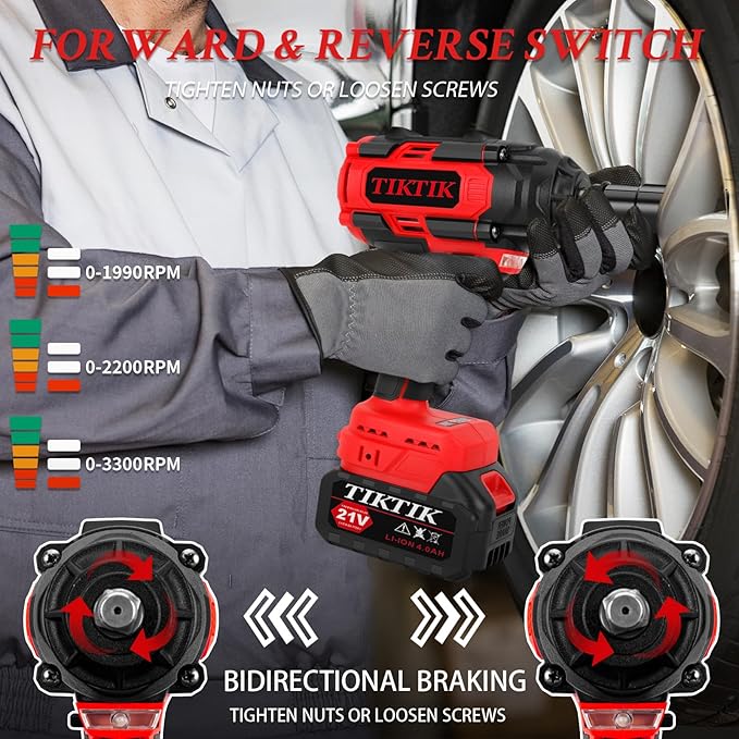 TIKTIK 850Nm Cordless Impact Wrench,1/2" Cordless Impact Gun w/ 2x 4.0Ah Battery,3300RPM Brushless Impact Wrench,640Ft-lbs High Torque Electric Impact Driver Set for Car/DIY Furniture/Lawn Mower