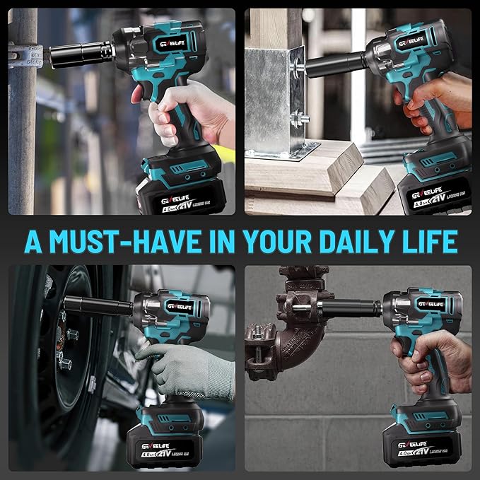 650N.m/480Ft-lbs Brushless Impact Wrench,1/2" Cordless Impact Gun w/ 2x4.0Ah Battery & 6 Sockets, 3300RPM Power Electric Impact Driver for Car/DIY Furniture/Lawn Mower, Blue Toolbox