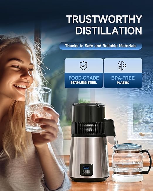 CO-Z Water Distiller for Home, 1350W 4L Distilled Water Machine for CPAP Machine with Control Panel & Glass Container, 1.1 Gal. Stainless Steel Water Distilling Equipment with Essential Oil Wine Modes