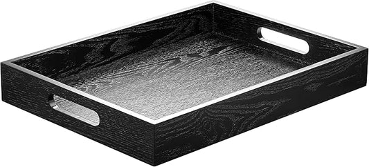 Wood Serving Tray with Handles, Home Decorative Wooden Rectangle Ottoman Decor Platter Vanity Tray for Breakfast Dinner Drinks Kitchen Dining Living Bathroom Restaurants Black