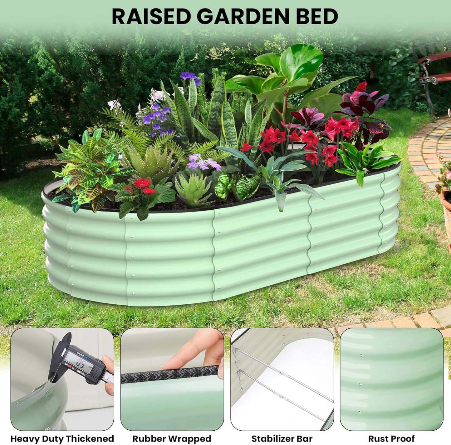 2 Pcs 6x3x2ft Oval Raised Garden Bed, Galvanized Raised Beds,Open-Ended Base Metal Raised Planter Beds,Garden Bed Outdoor,Planter Raised Boxes for Vegetables, Flowers,Tool-Free Asse,Green