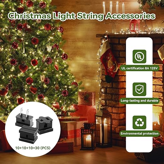 SPT-2 Vampire Plug, Extension Cord Connector Combo Kit, SPT-2 Cable Christmas Lighting String Extension Cord Replacement Splice Sliding Plug (10 Each of Male/Female and Connector Plugs, Black)