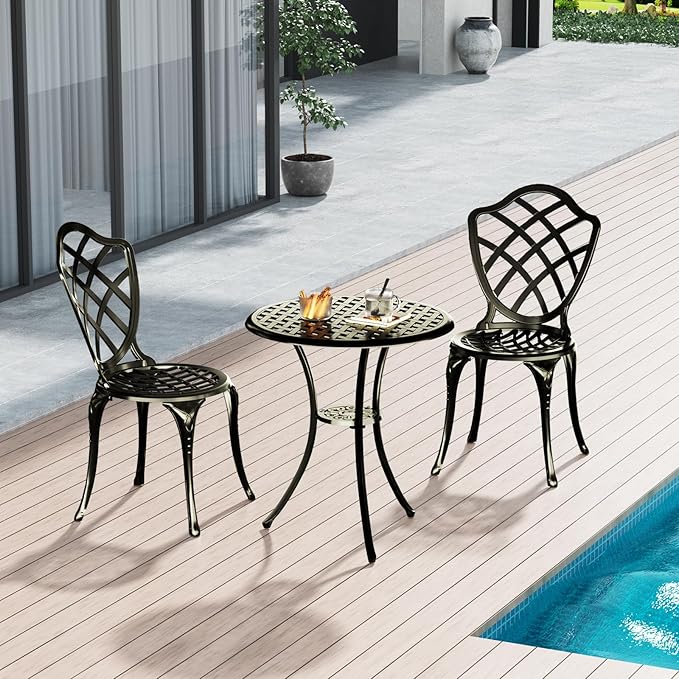 3 Piece Patio Bistro Set, Outdoor Bistro Table and Chairs Set of 2 w/Umbrella Hole, Rust-Resistant Cast Aluminum Bistro Set for Garden/Balcony/Backyard, Golden Bronze