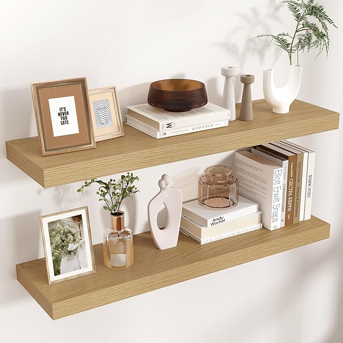 Floating Shelves for Wall, 2 Large Wall Mounted Shelves with Invisible Brackets, Long Wood Floating Wall Shelf Shelves for Living Room, Bedroom, Kitchen, (Oak, 36" W x 9" D x 1.5" H)