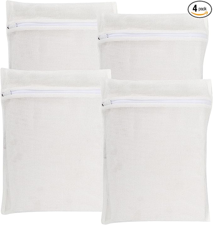 4-Piece White Medium Durable Organic Cotton Mesh Laundry Bags with Sturdy Zippers and Breathable Mesh are Delicate Laundry Bags for Underwear, Clothes, Pants and Socks