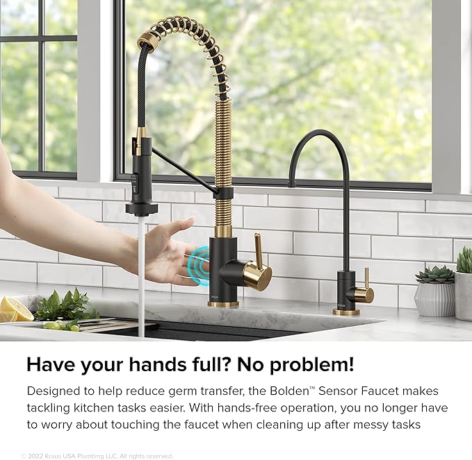 KRAUS Bolden Touchless Sensor Commercial Style 2-Function Single Handle Pull-Down Kitchen Faucet in Brushed Brass / Matte Black, KSF-1610BBMB
