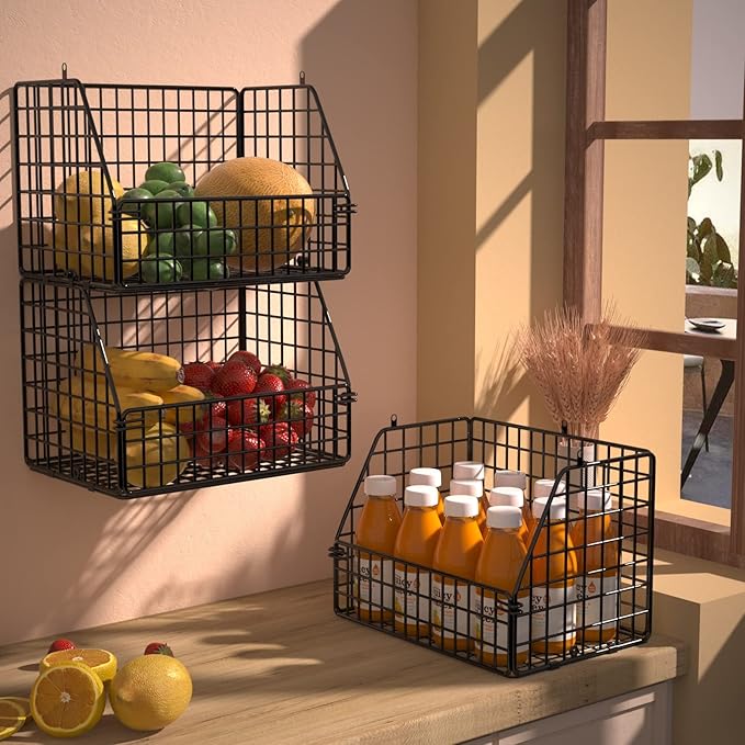 Stackable Wire Storage Baskets for Kitchen Closet Pantry, Hanging Closet Organizers Storage Shelves Organization, Wall Mount Metal Basket Bins, Clothing Vegetable & Fruit Organizer 5 pcs